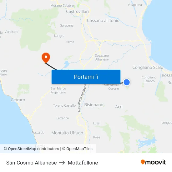 San Cosmo Albanese to Mottafollone map