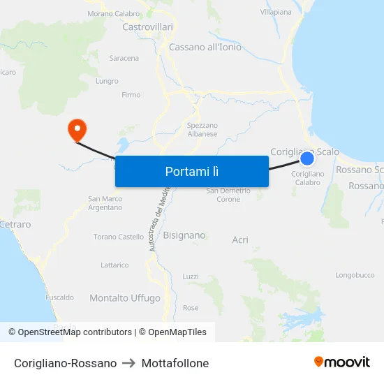 Corigliano-Rossano to Mottafollone map