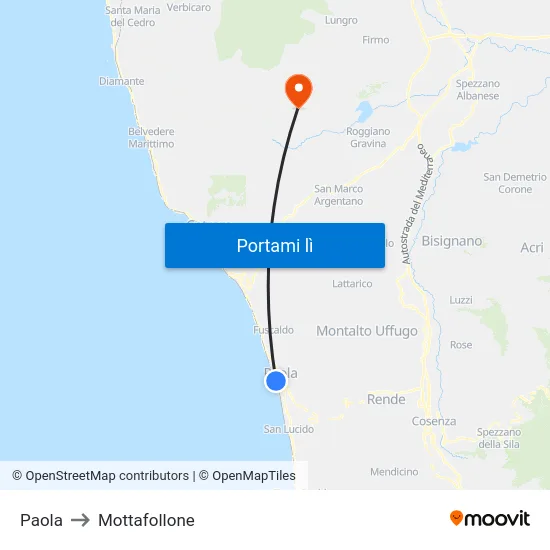 Paola to Mottafollone map