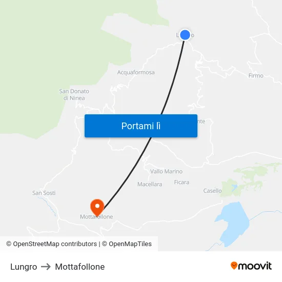 Lungro to Mottafollone map