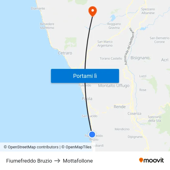 Fiumefreddo Bruzio to Mottafollone map