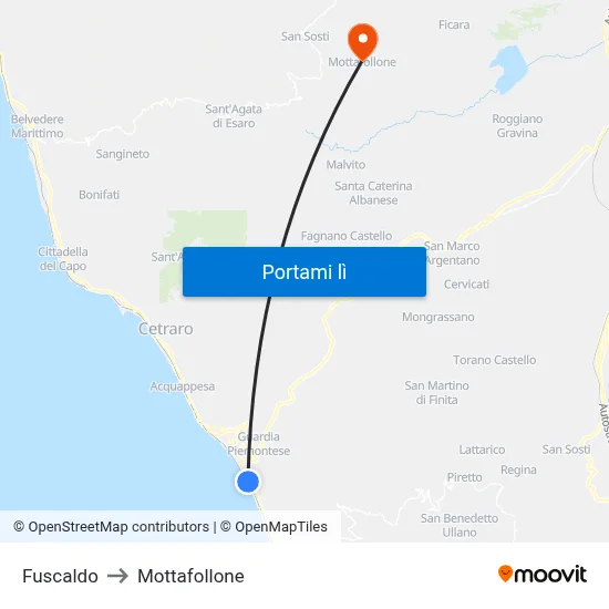 Fuscaldo to Mottafollone map