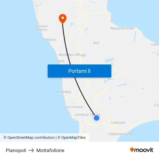 Pianopoli to Mottafollone map