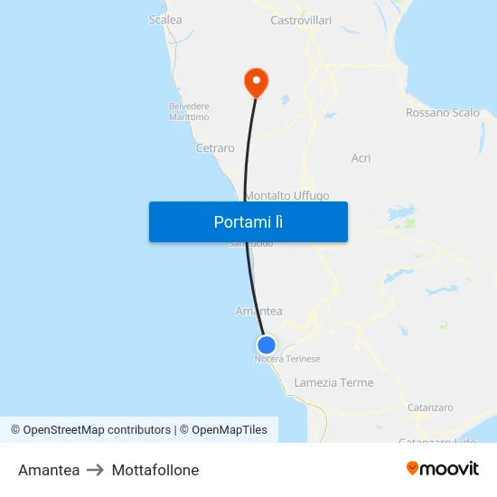 Amantea to Mottafollone map