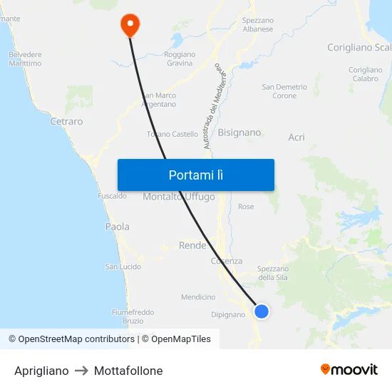 Aprigliano to Mottafollone map