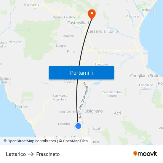 Lattarico to Frascineto map