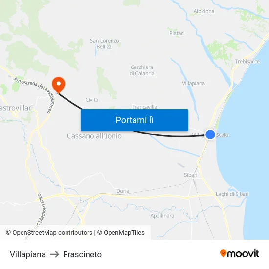 Villapiana to Frascineto map