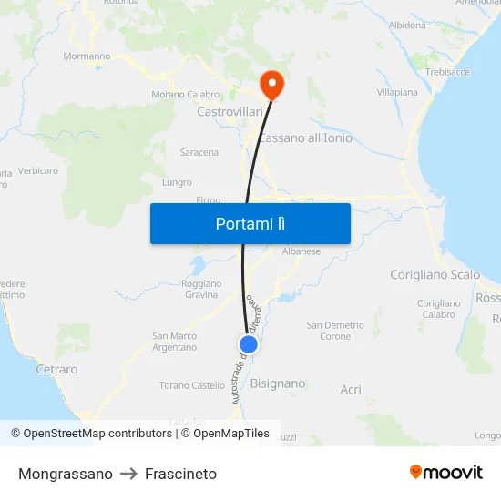 Mongrassano to Frascineto map