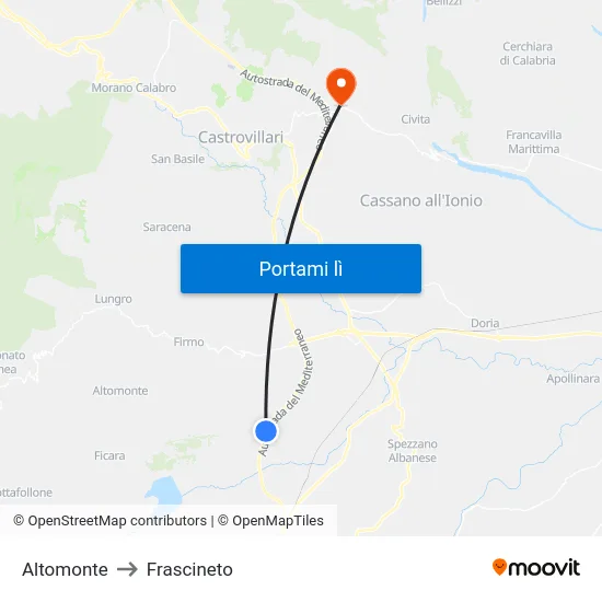 Altomonte to Frascineto map