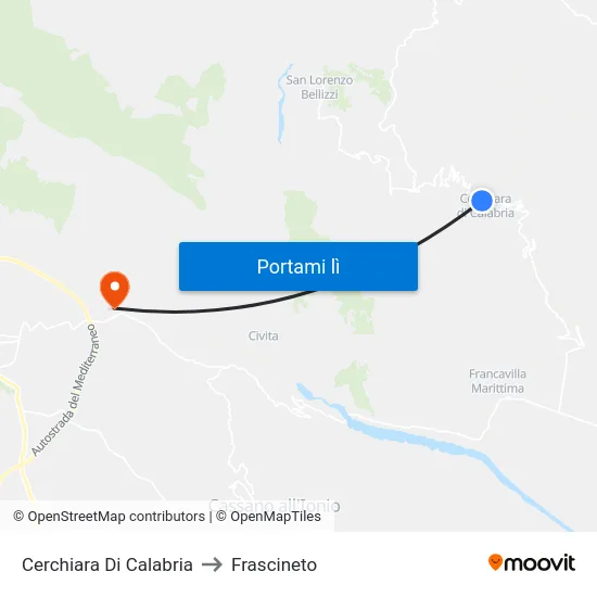 Cerchiara Di Calabria to Frascineto map