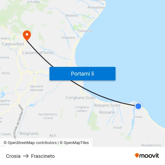 Crosia to Frascineto map