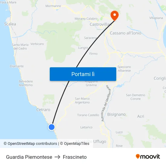 Guardia Piemontese to Frascineto map