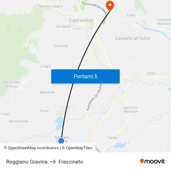 Roggiano Gravina to Frascineto map