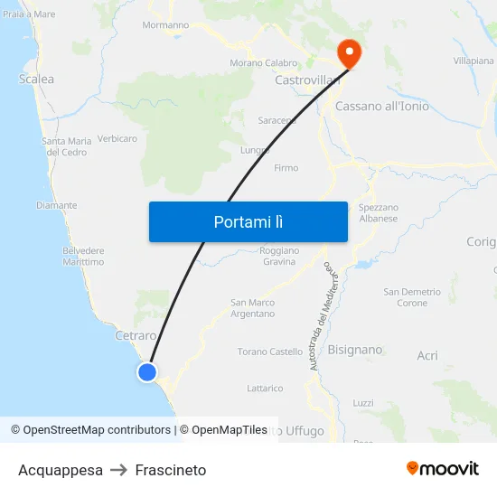 Acquappesa to Frascineto map