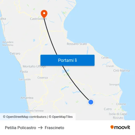 Petilia Policastro to Frascineto map