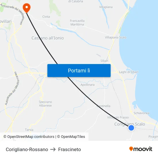 Corigliano-Rossano to Frascineto map