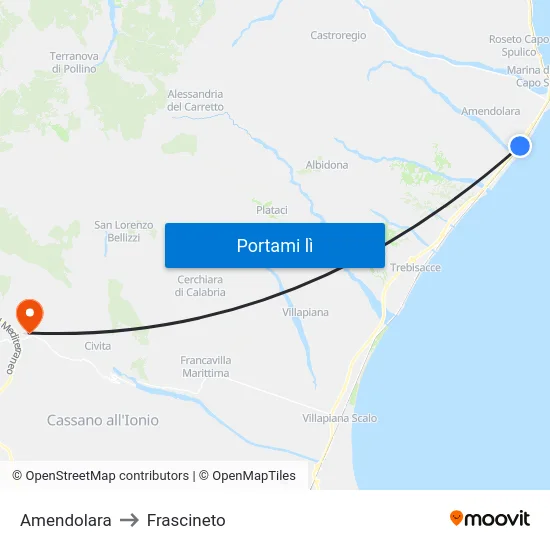 Amendolara to Frascineto map