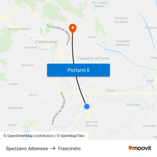 Spezzano Albanese to Frascineto map