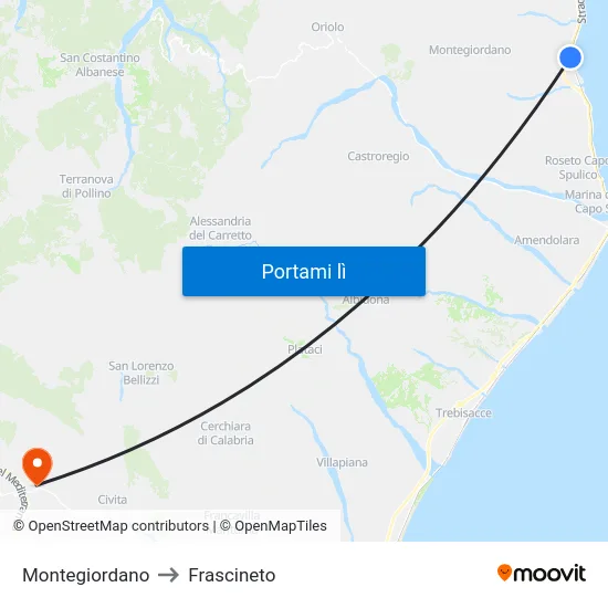 Montegiordano to Frascineto map