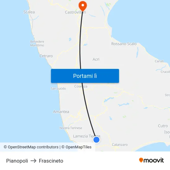 Pianopoli to Frascineto map