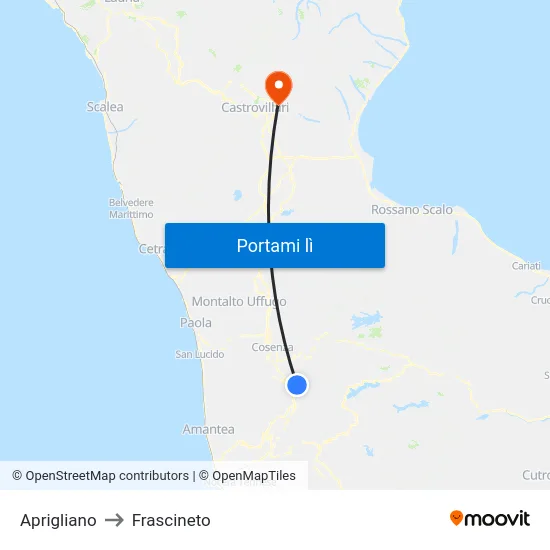 Aprigliano to Frascineto map