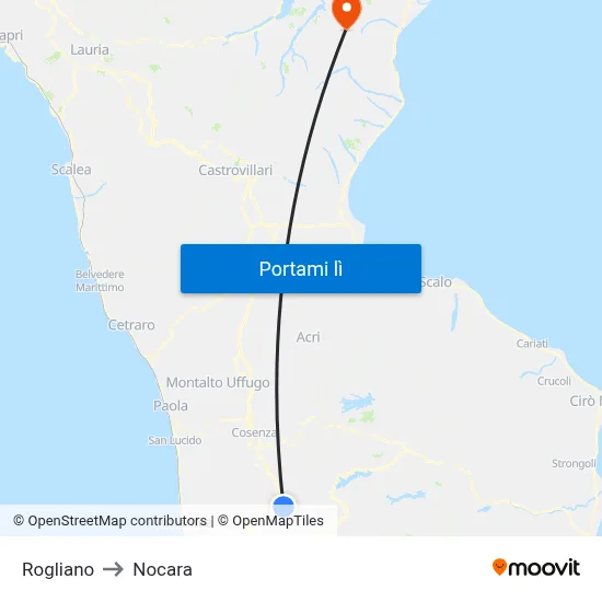Rogliano to Nocara map
