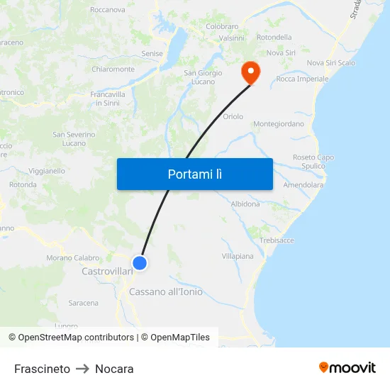 Frascineto to Nocara map