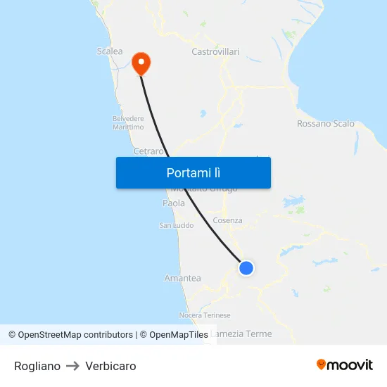 Rogliano to Verbicaro map
