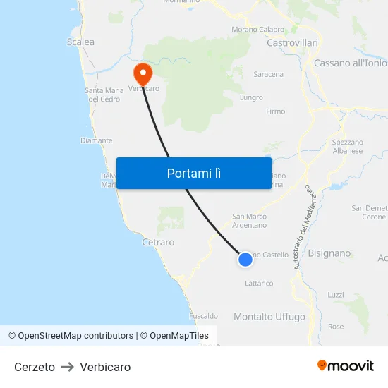 Cerzeto to Verbicaro map