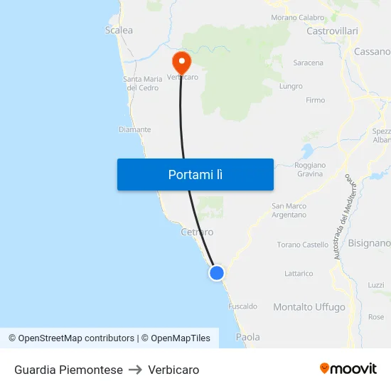 Guardia Piemontese to Verbicaro map