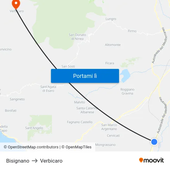 Bisignano to Verbicaro map