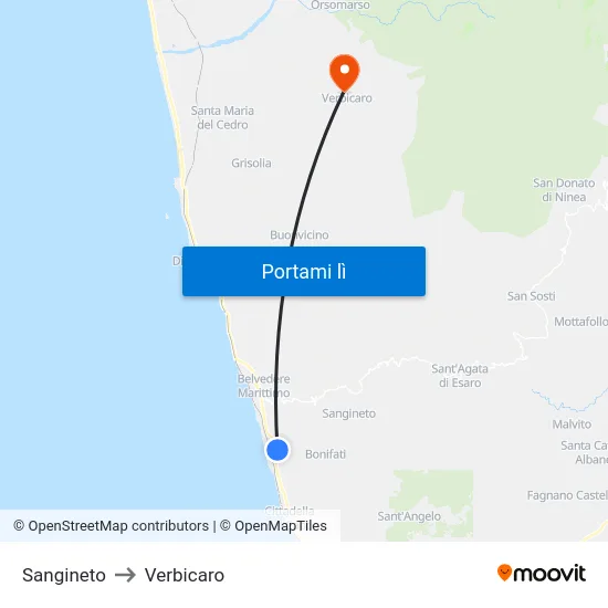 Sangineto to Verbicaro map