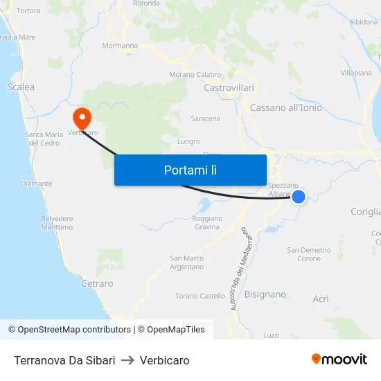 Terranova Da Sibari to Verbicaro map