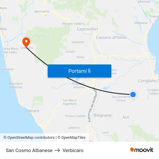 San Cosmo Albanese to Verbicaro map