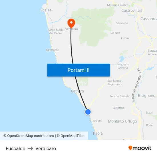 Fuscaldo to Verbicaro map