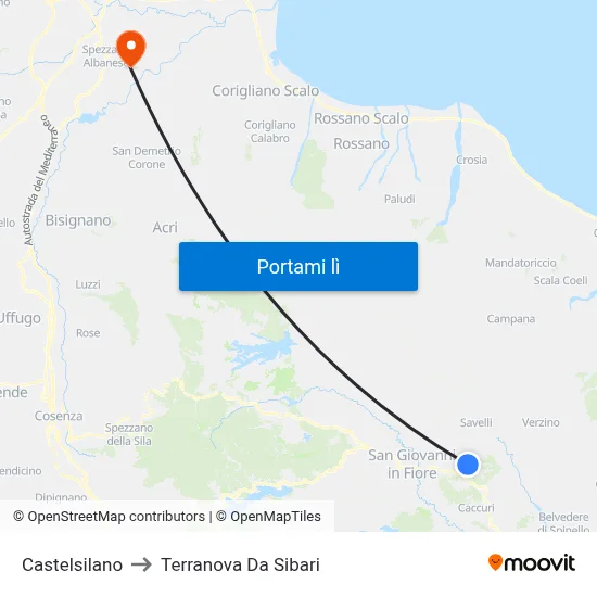 Castelsilano to Terranova Da Sibari map