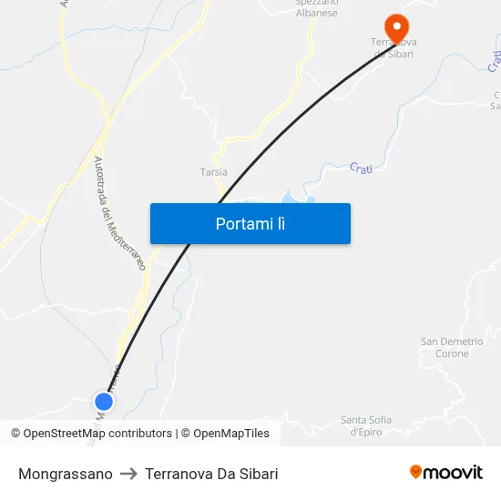 Mongrassano to Terranova Da Sibari map