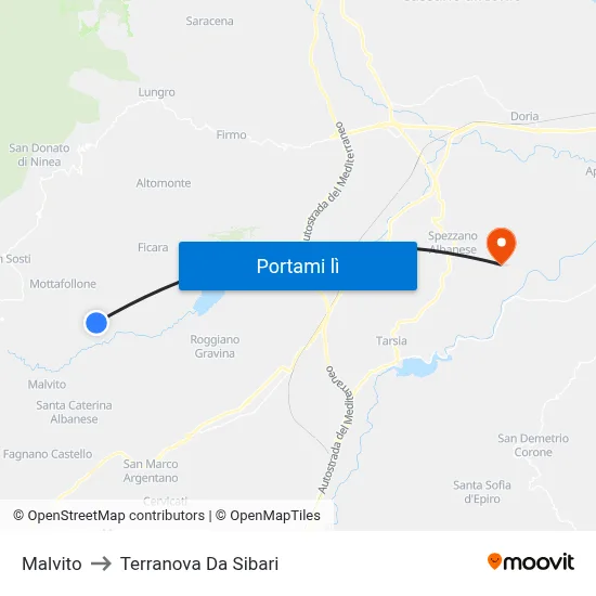 Malvito to Terranova Da Sibari map