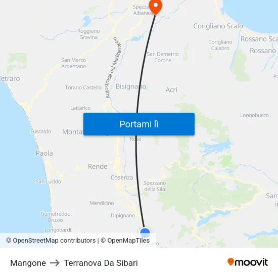 Mangone to Terranova Da Sibari map