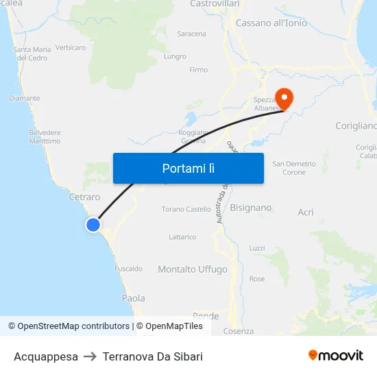 Acquappesa to Terranova Da Sibari map