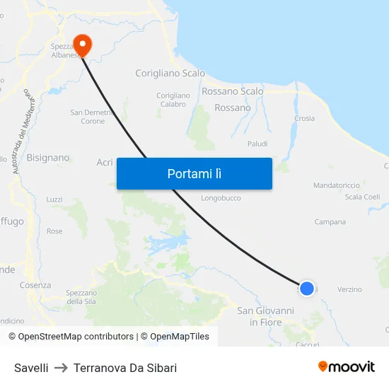 Savelli to Terranova Da Sibari map