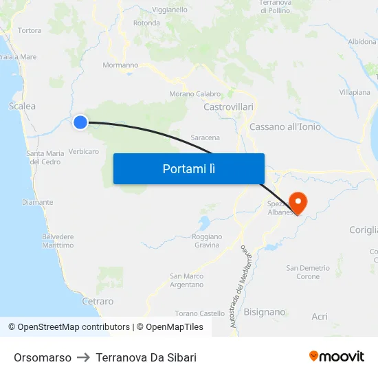 Orsomarso to Terranova Da Sibari map