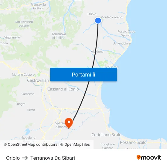 Oriolo to Terranova Da Sibari map