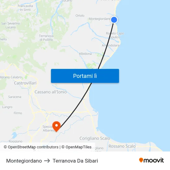 Montegiordano to Terranova Da Sibari map