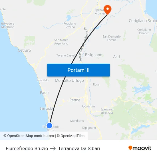 Fiumefreddo Bruzio to Terranova Da Sibari map