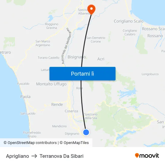 Aprigliano to Terranova Da Sibari map