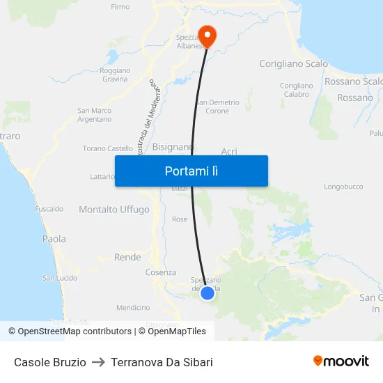 Casole Bruzio to Terranova Da Sibari map