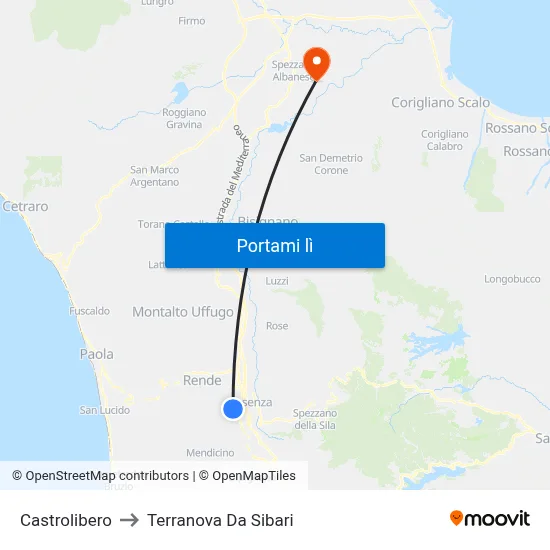 Castrolibero to Terranova Da Sibari map