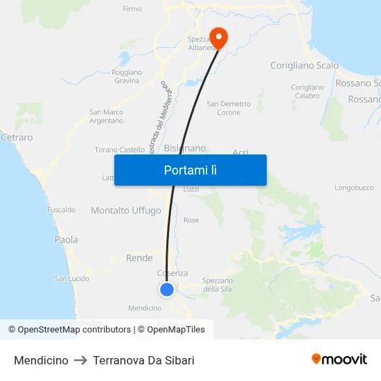 Mendicino to Terranova Da Sibari map