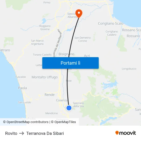 Rovito to Terranova Da Sibari map